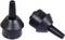 Dwie czarne dysze z tworzywa sztucznego umieszczone obok siebie, jedna stojąca, druga leżąca, z stożkowatymi końcówkami.