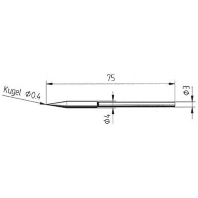 Rysunek techniczny elementu cylindrycznego. Długość: 75 mm, średnica: 3 mm, czubek kulisty: średnica 0,4 mm.