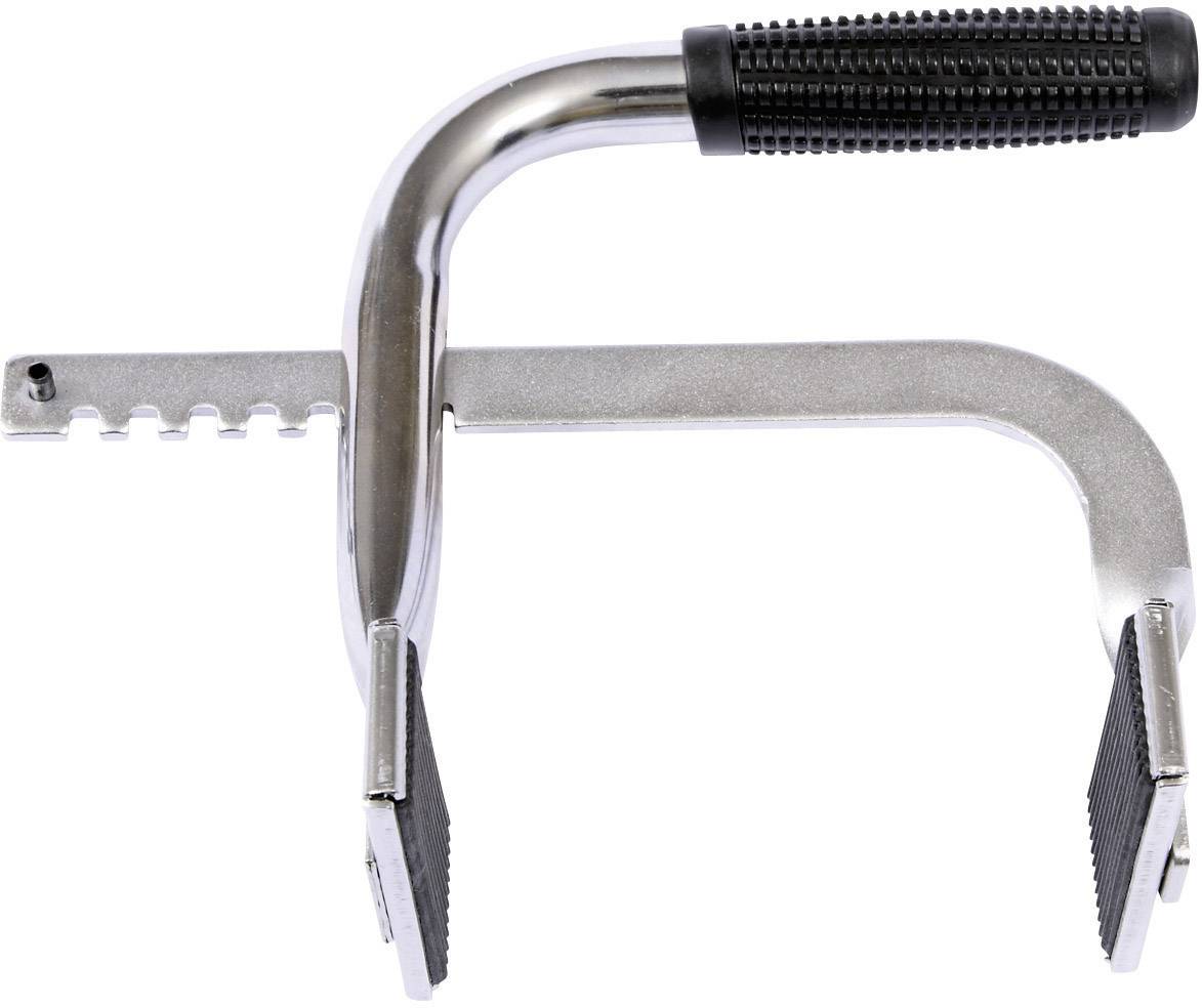 Regulowany uchwyt nośny wykonany z metalu, z czarnym uchwytem i gumowanymi szczękami, przeznaczony do podnoszenia płyt lub desek.