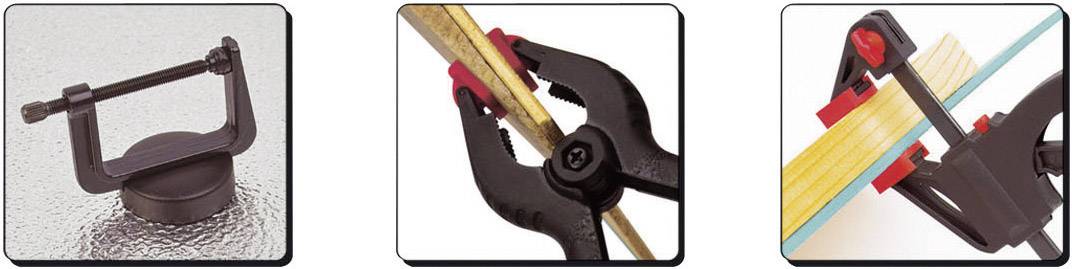 Trzy obrazy przedstawiają magnetyczny uchwyt na narzędzia: zamknięty, z otwartym uchwytem chwytającym drewno oraz z drewnem na powierzchni.