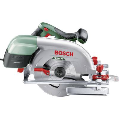 Elektryczna ręczna pilarka tarczowa Bosch, model PKS 66 AF, z obudową w kolorze zielonym i szarym oraz czerwonymi elementami sterującymi.