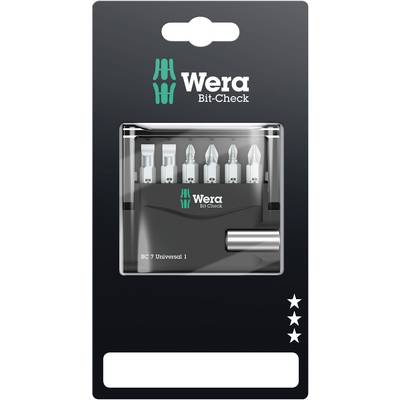 Zestaw narzędziowy 'Wera Bit-Check BC 7 Universal 1' w opakowaniu blistrowym, zawierający różne bity i uchwyt. Opakowanie w kolorach czarnym i zielonym.