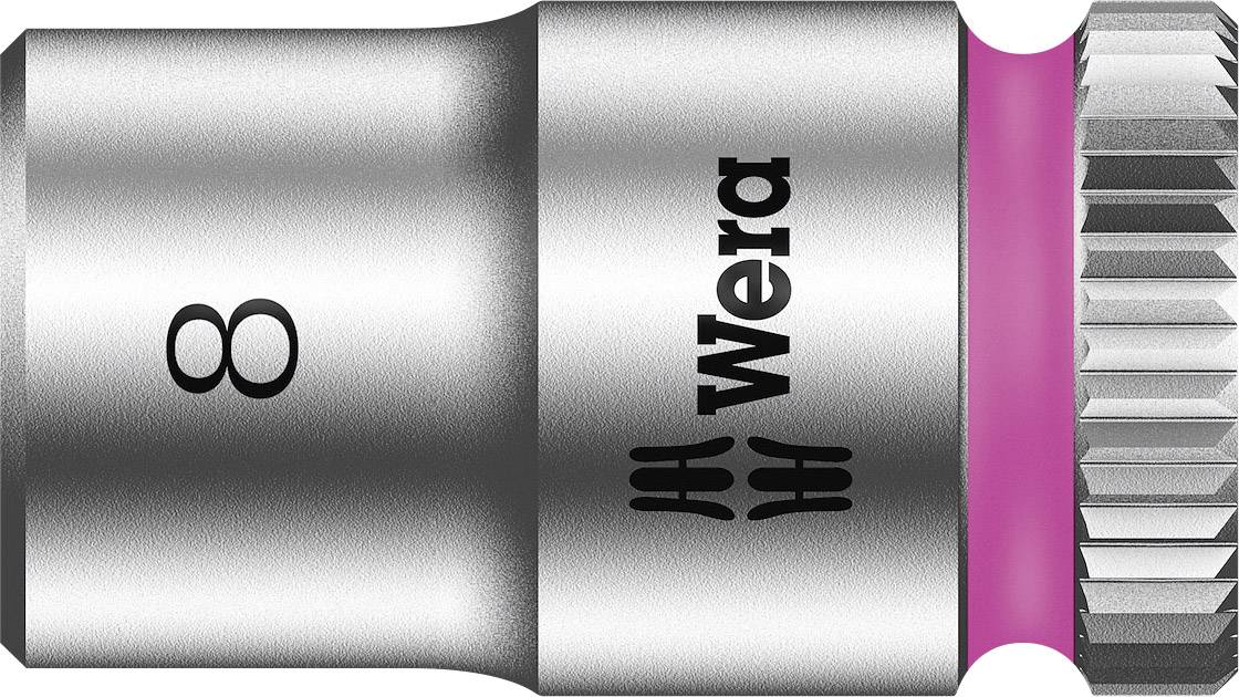 Na ilustracji przedstawiona jest nasadka Wera o rozmiarze 8. Posiada metaliczno-szare wykończenie z wyraźnym różowym pierścieniem.