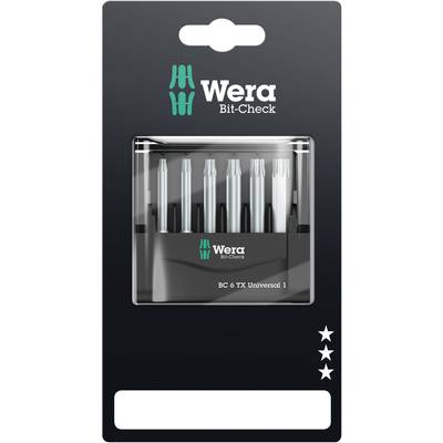 Opakowanie z Wera Bit-Check, 6 bitów do wkrętów Torx. Na górze zielone logo Wera. Na dole trzy białe gwiazdy.