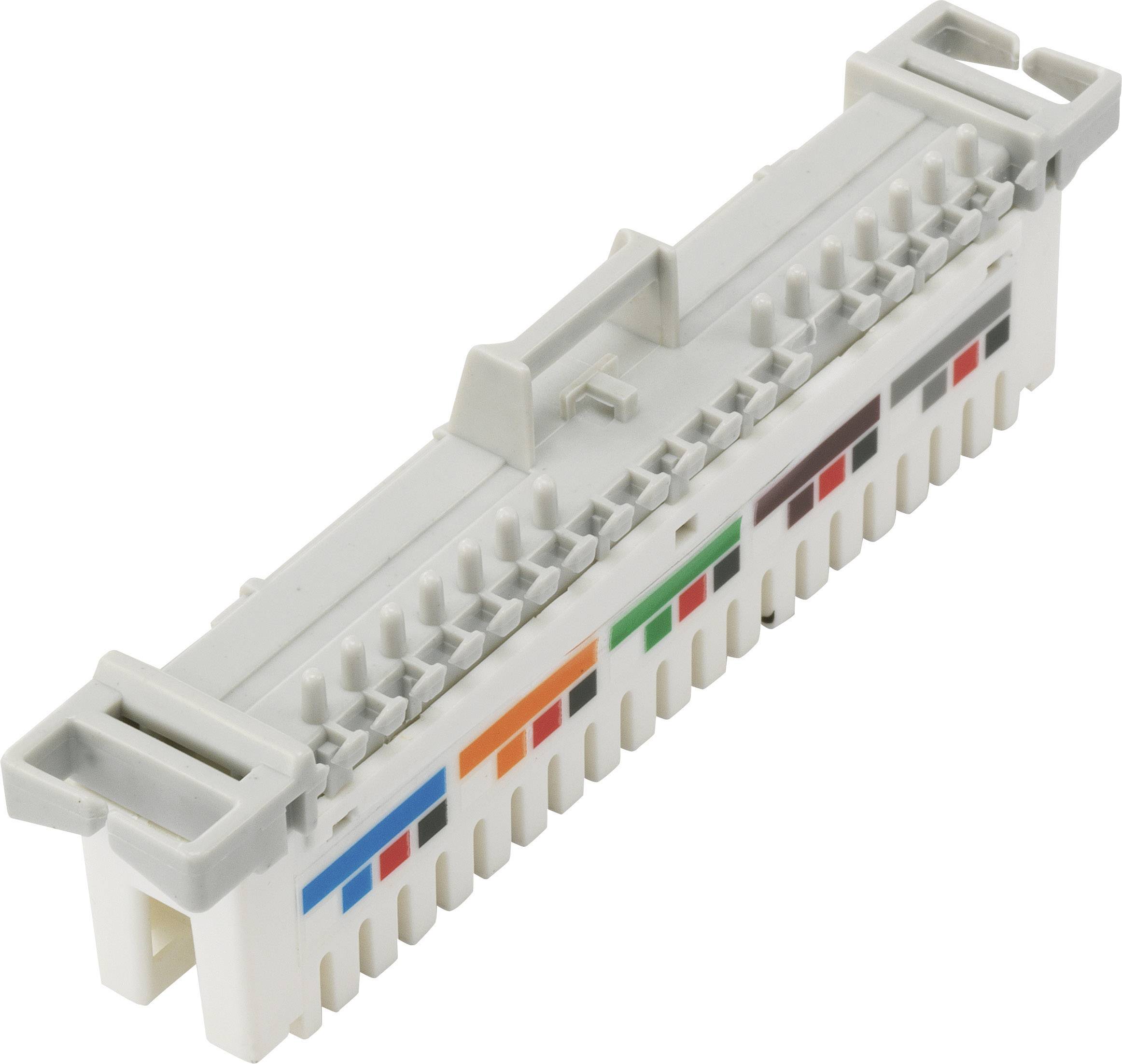 Szary elektryczny złącz z przewodami oznaczonymi kolorami, stosowany w instalacjach sieciowych lub okablowaniu.