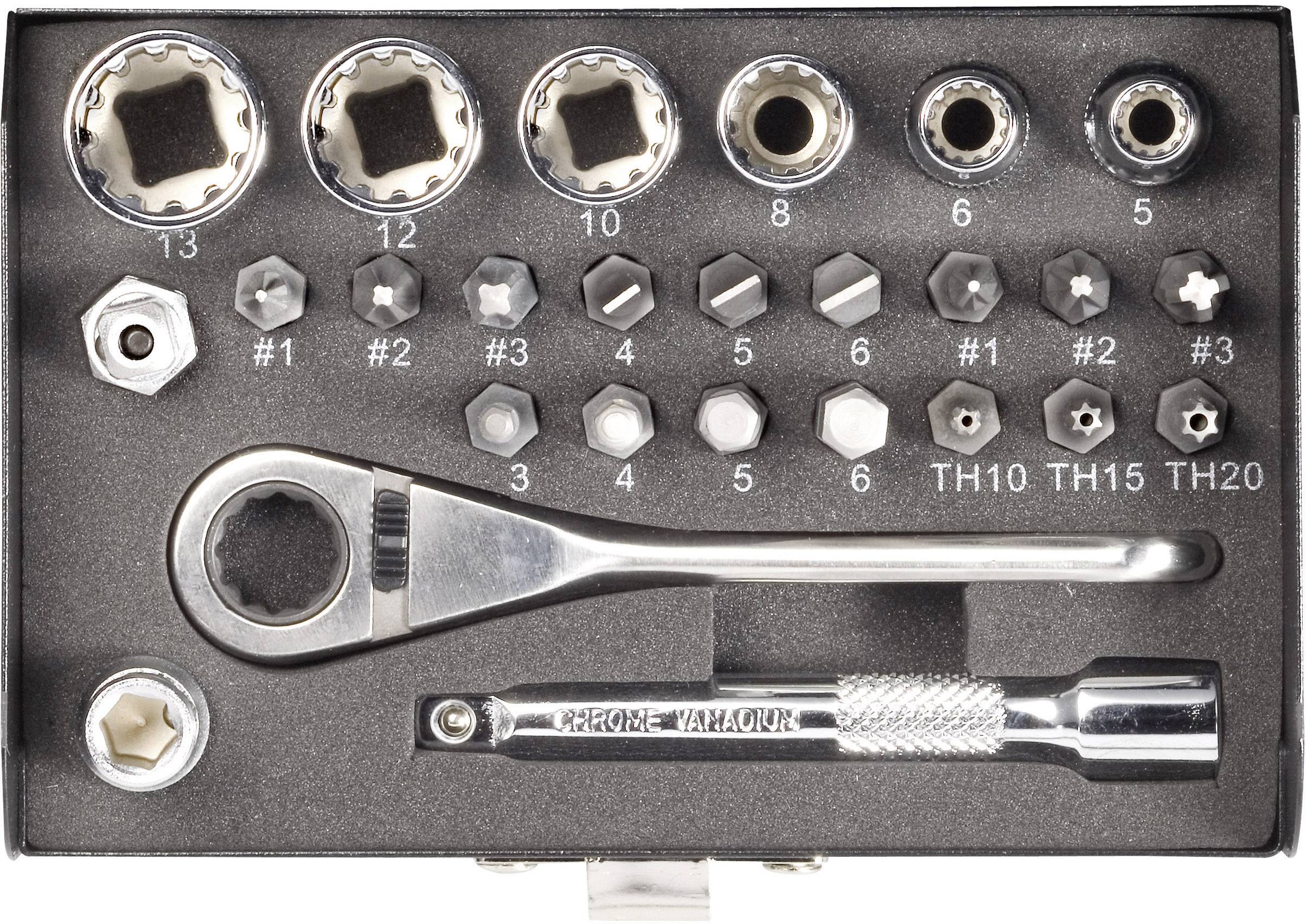 Zestaw kluczy nasadowych i bitów w wyściółce piankowej, wraz z grzechotką i przedłużką, ponumerowanych od 5 do 13.