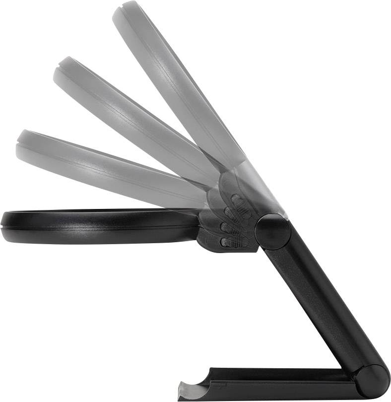 Czarna, regulowana lupa prezentuje różne kąty, umożliwiając powiększanie obiektów z różnych wysokości.