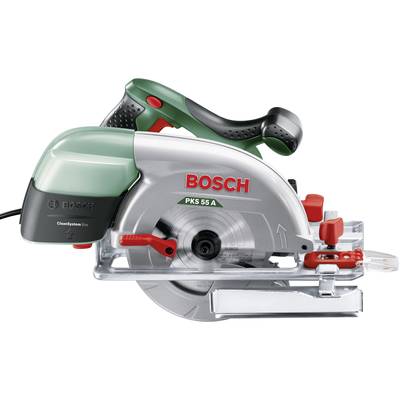 Elektryczna ręczna pilarka tarczowa Bosch, model PKS 55 A, z zielono-czerwonym uchwytem i srebrną obudową, przeznaczona do precyzyjnego cięcia drewna.