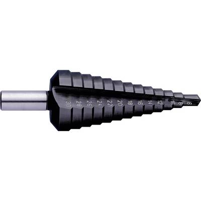 Wiertło stopniowe z kolejnymi stopniami od 4 do 30 mm do wykonywania otworów o różnych rozmiarach w metalu lub drewnie.