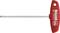Czerwony śrubokręt z uchwytem i długim trzpieniem. Uchwyt posiada otwór do przechowywania. Oznaczenie: 'Wiha T-klucz TX9'.
