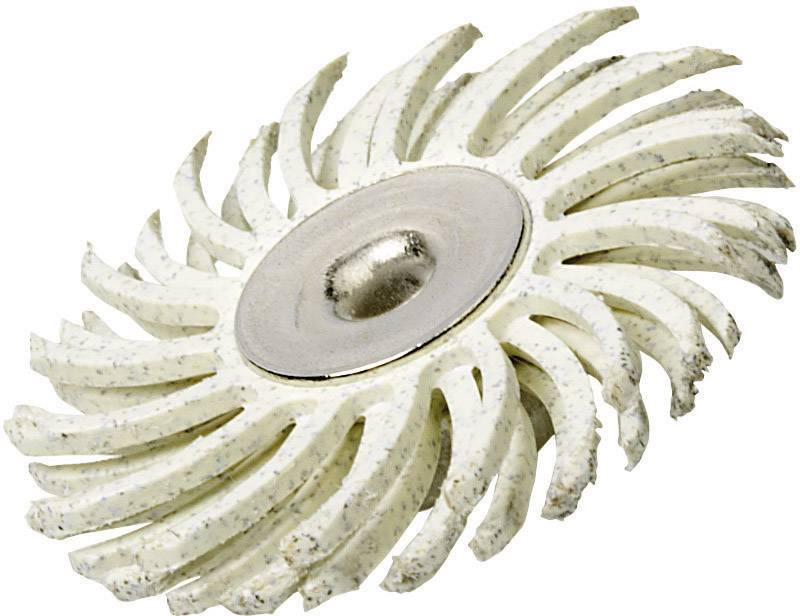 Biały, okrągły dysk polerski z włosiem ułożonym spiralnie, stosowany do szlifowania lub polerowania.