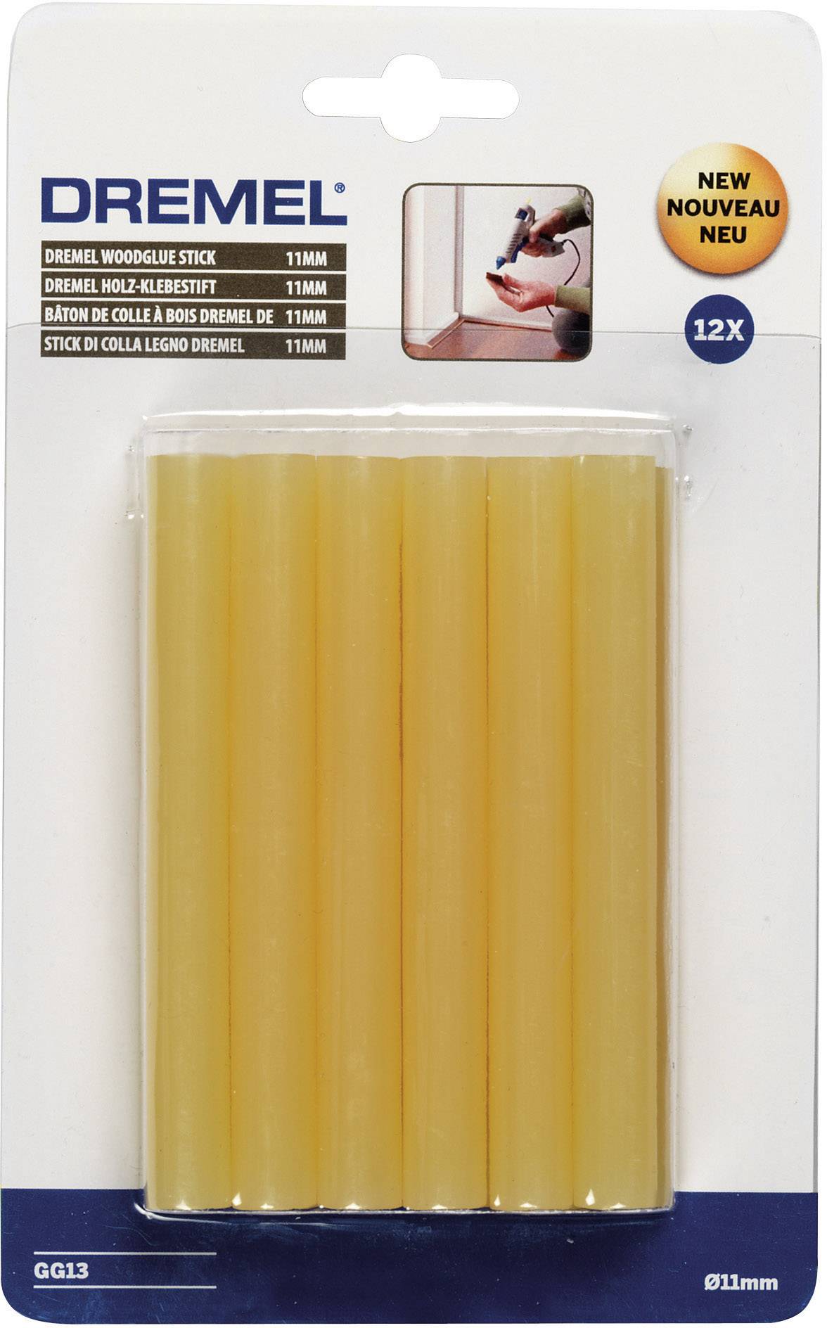 Opakowanie zawiera 12 drewnianych klejowych wkładów Dremel, o średnicy 11 mm. W prawym górnym rogu mały obrazek przedstawiający osobę używającą klejowych wkładów.