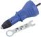 Niebieski uchwyt nitowniczy z trzema regulowanymi nitami i metalowym kluczem. Narzędzie do mocowania elementów.