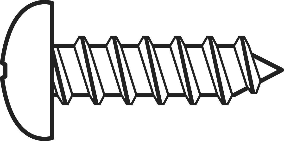 Ilustracja wkręta z łbem okrągłym, gwintowanego na całej długości, gwintowanego w prawo. Odpowiedni do połączeń drewnianych i metalowych.