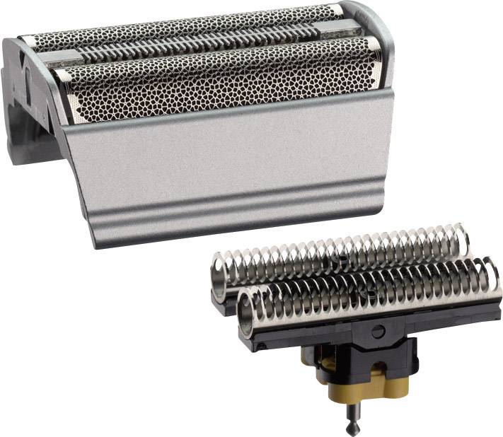 Jednostka ostrzy do golarki z dwiema foliami tnącymi i jednym ostrzem, pasująca do golarki elektrycznej, przedstawiona w zbliżeniu.