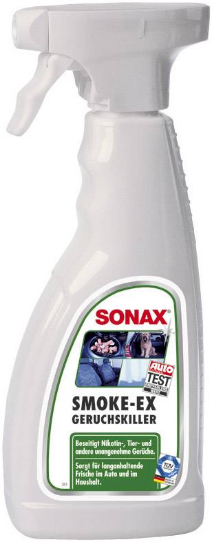 Biała butelka z natryskiem z czerwonym logo SONAX, oznaczona jako 'Smoke-Ex Neutralizator Zapachów', usuwa zapachy nikotyny, zwierzęce i inne nieprzyjemne zapachy.