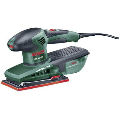 Zielony szlifierz oscylacyjny marki Bosch z czerwoną płytą szlifierską. Tekst na urządzeniu: 'Low Vibration', 'Bosch', 'PSS 250 AE'.
