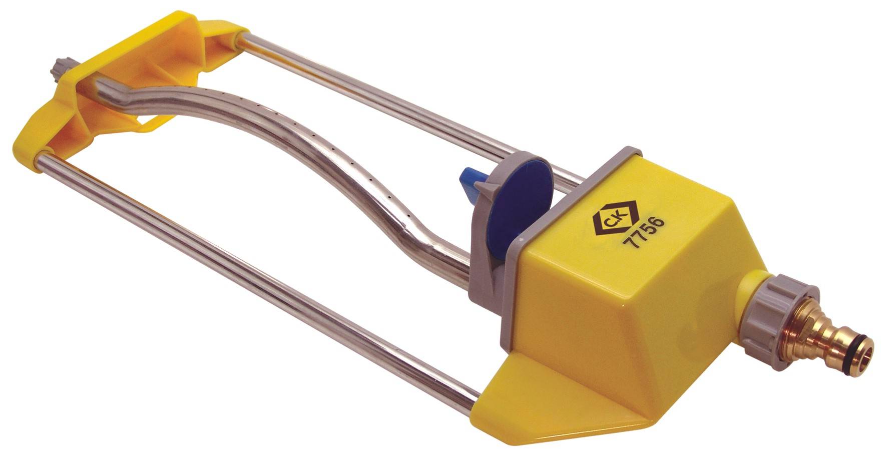 Żółty zraszacz trawnikowy z metalowymi rurami i przyłączem wodnym, przeznaczony do nawadniania ogrodów.