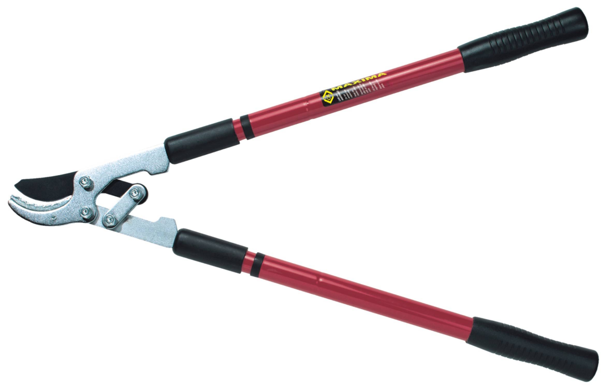 Czerwone nożyce ogrodnicze z czarnymi uchwytami, przeznaczone do przycinania gałęzi i konarów podczas prac w ogrodzie.