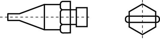 Rysunek techniczny sześciokąta z gwintem i schematyczny widok z boku.