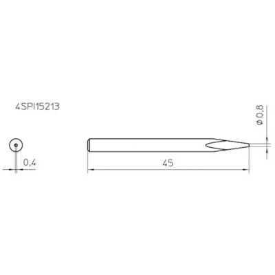 Rysunek techniczny cylindrycznego przedmiotu z wymiarami: długość 45 mm, średnica 0,8 mm z przodu i 0,4 mm z tyłu.
