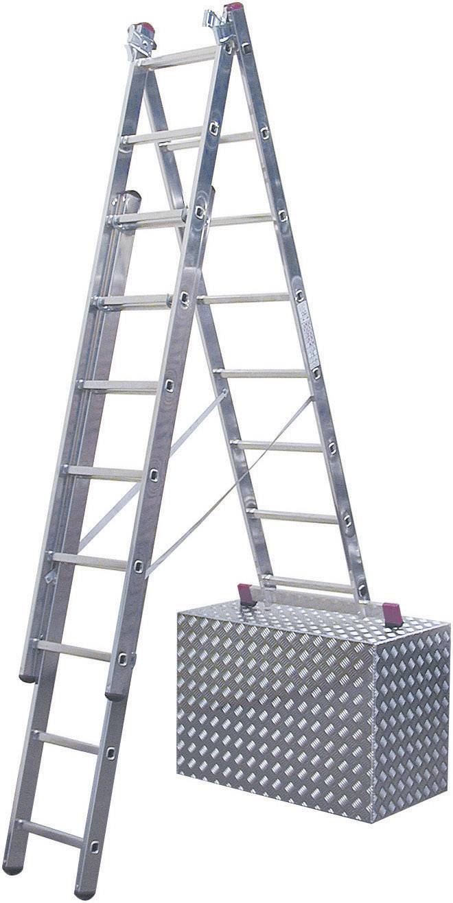 Drabina aluminiowa stojąca na metalowej skrzynce. Drabina składa się z dwóch segmentów z solidnymi szczeblami prowadzącymi w górę.