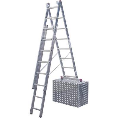 Drabina aluminiowa stojąca na metalowej skrzynce. Drabina składa się z dwóch segmentów z solidnymi szczeblami prowadzącymi w górę.