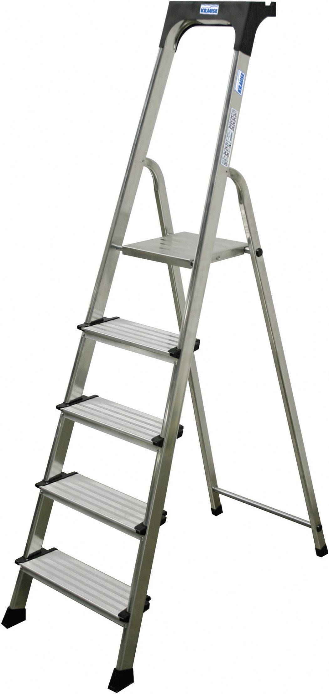 Srebrna metalowa drabina o pięciu stopniach. Drabina posiada antypoślizgowe stopki i jest wolnostojąca.