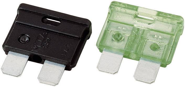 Dwie bezpieczniki samochodowe: jeden czarny, drugi zielony. Oba posiadają dwa metalowe styki i służą do ochrony obwodów elektrycznych.