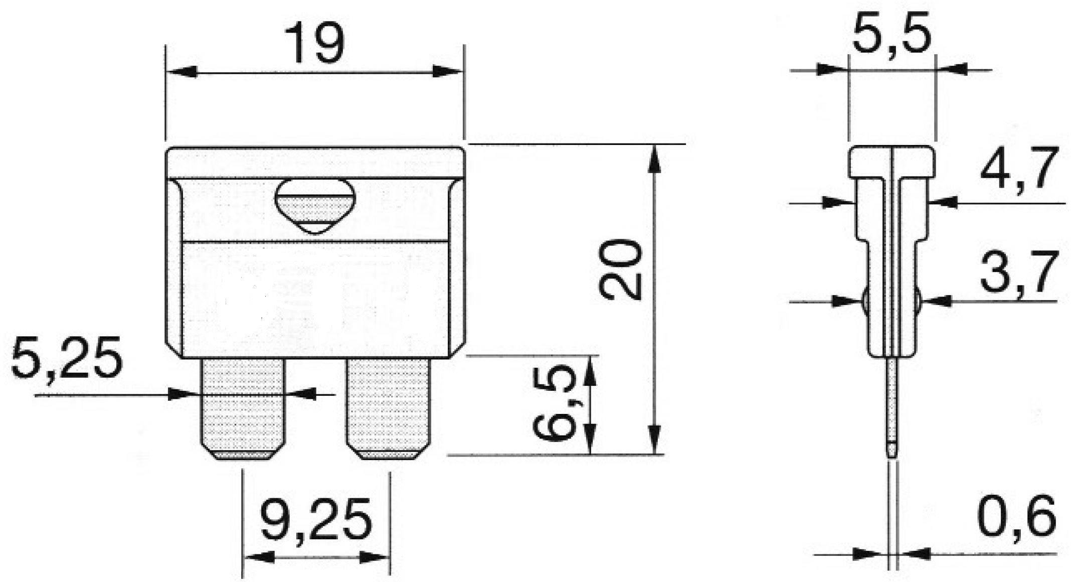 Rysunek techniczny elementu elektronicznego z wymiarami w milimetrach: szerokość 19, wysokość 20, głębokość 5,25, rozstaw pinów 9,25.
