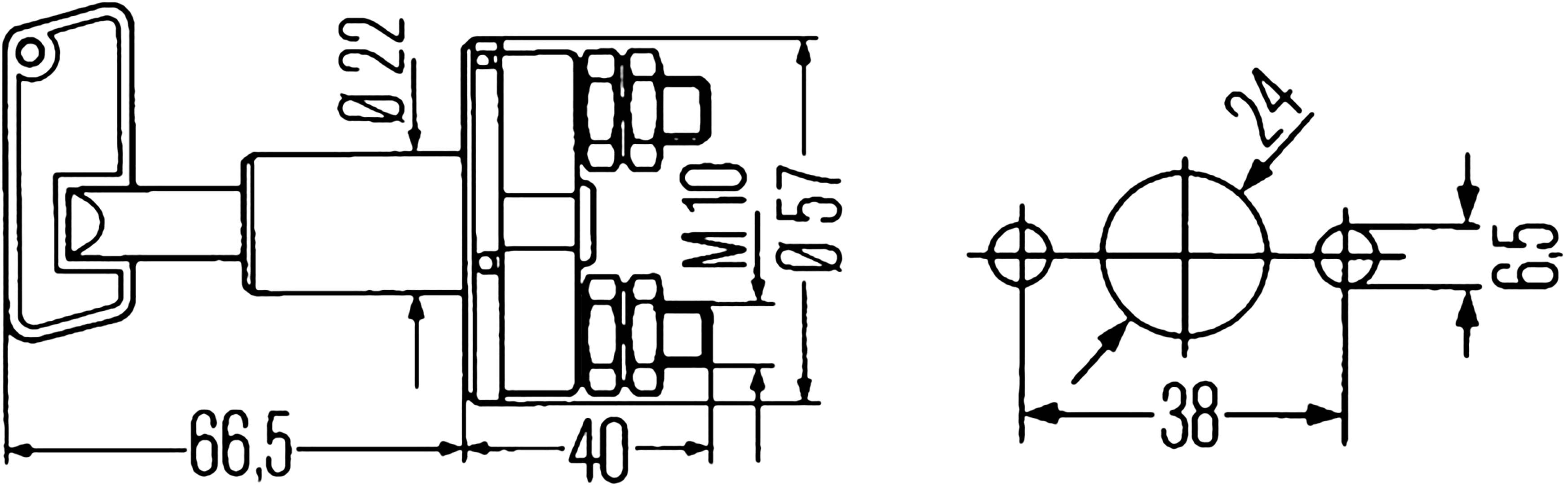 Rysunek techniczny elementu mechanicznego z wymiarami: długość 66,5 mm, średnica całkowita 57 mm, gwint M10. Widok z góry przedstawia otwory rozmieszczone w odległości 24 mm od siebie.