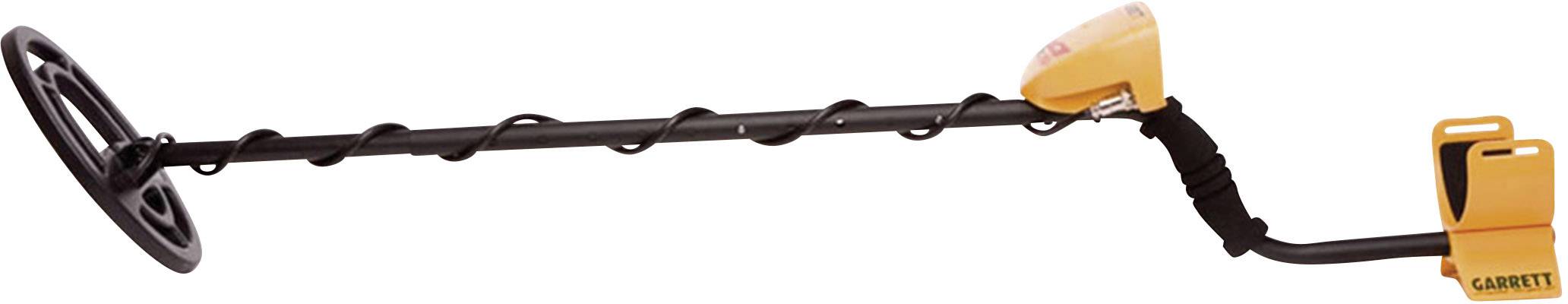 Wykrywacz metali z czarnym trzonem i żółtą głowicą, przeznaczony do poszukiwania metalowych przedmiotów w glebie.