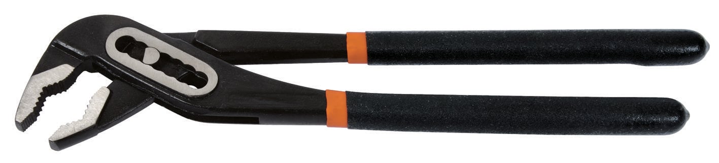 Szczypce do pompy wodnej z czarnymi uchwytami i pomarańczowymi paskami.