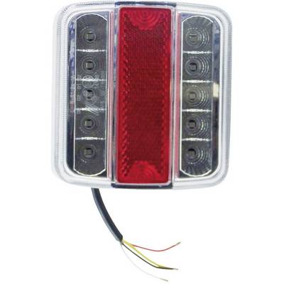 Lampa tylna do pojazdu z ośmioma okrągłymi lampkami i centralnym czerwonym odblaskiem. Przewody zwisają poniżej.