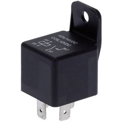 Czarne, prostokątne przekaźniki z czterema metalowymi stykami i otworem mocującym. Oznaczenie wskazuje obwód elektryczny i napięcie (24V).