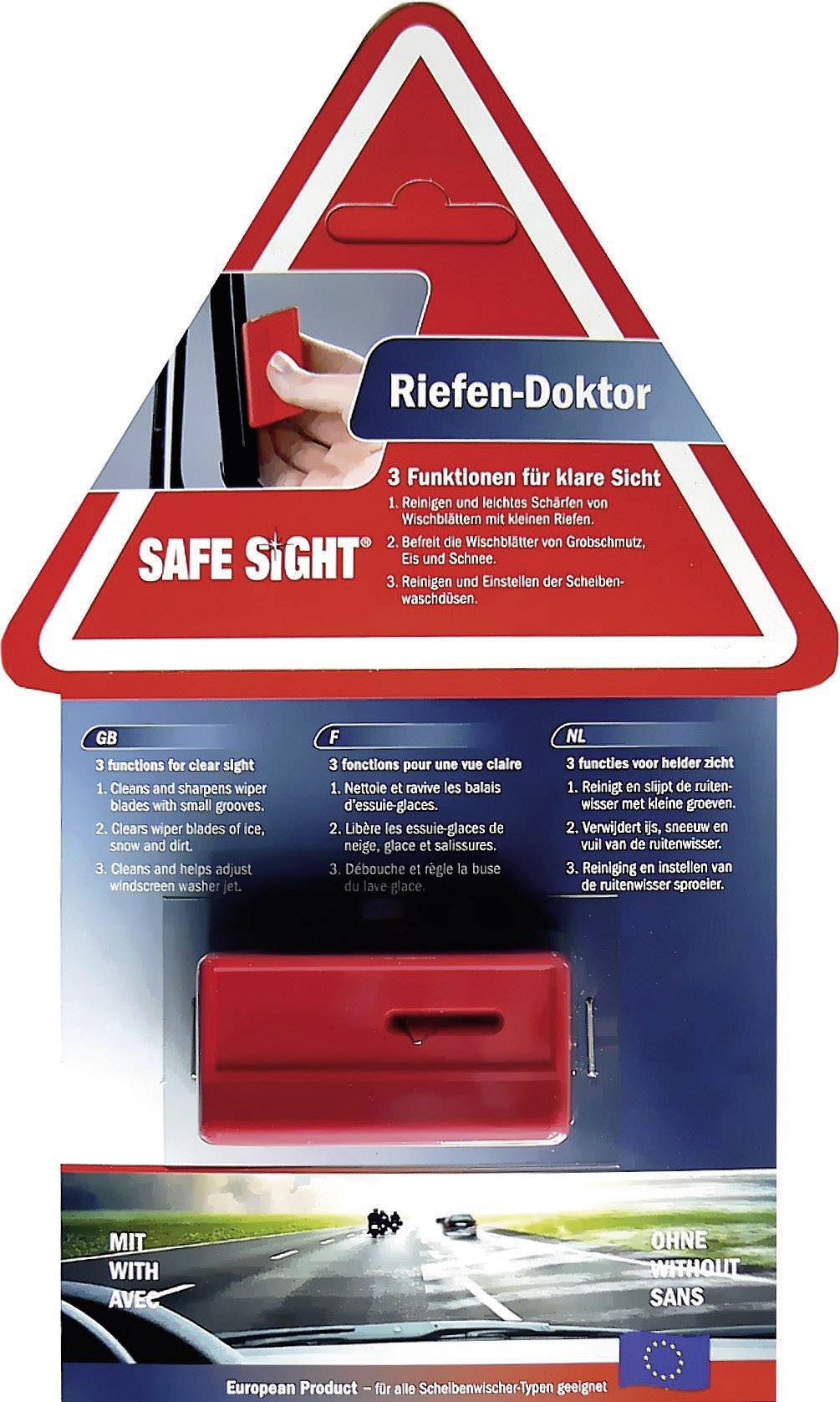'SAFE SIGHT Riefen-Doktor' Opakowanie produktu z trzema funkcjami zapewniającymi czystą widoczność. Zawiera czerwono-białe urządzenie do czyszczenia.