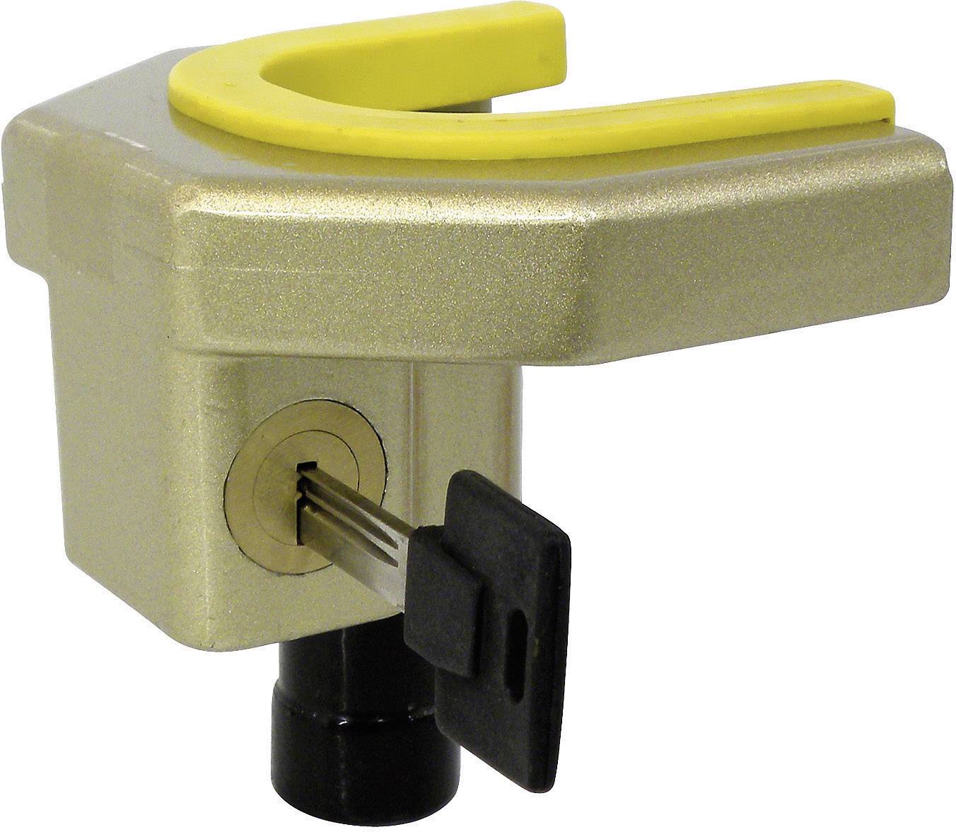 Złoty hak holowniczy z żółtą górną częścią i kluczem wsuniętym w zamek.