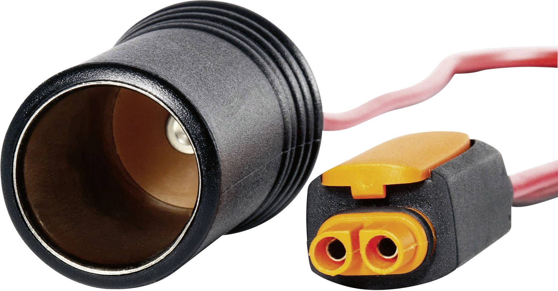 Adapter z czarnym gniazdem po jednej stronie i pomarańczową wtyczką z dwoma podłączeniami kabla po stronie przeciwnej.