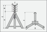 Rysunek techniczny trójnożnego statywu z wymiarami: wysokość H, szerokość podstawy D, platforma P i masa F.