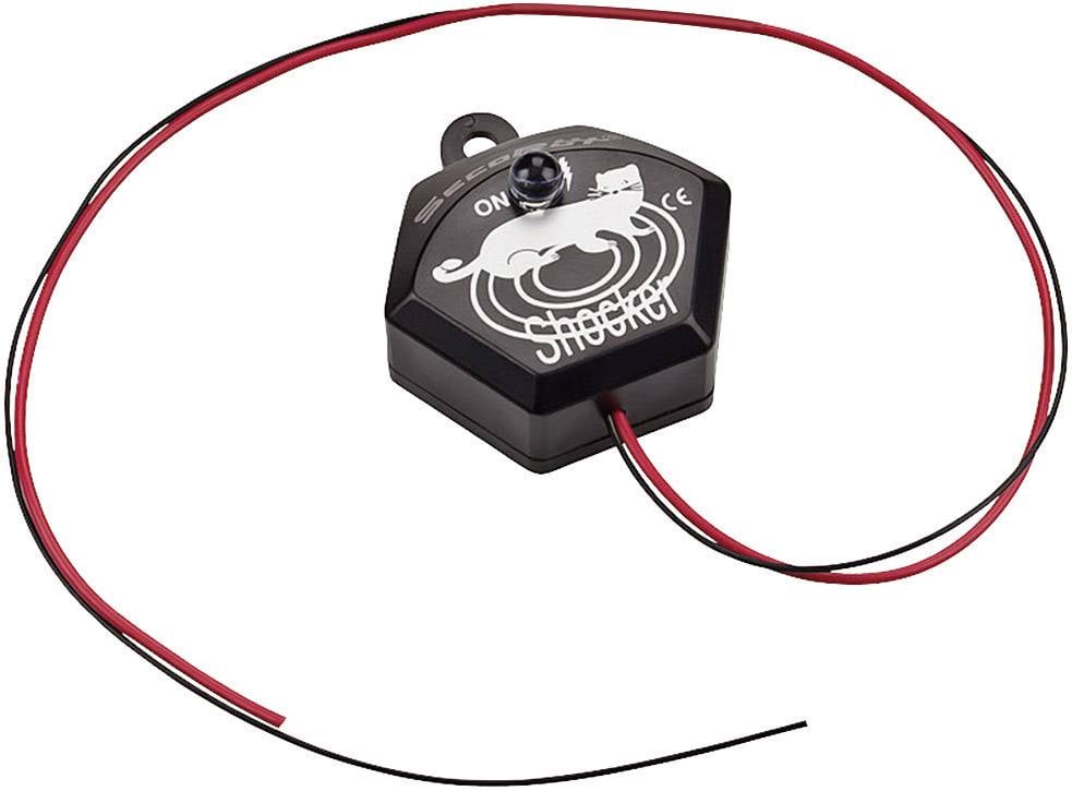 Mały, sześciokątny czarny czujnik wstrząsów z czerwonymi i czarnymi przewodami oraz białym symbolem skorpiona na wierzchu.