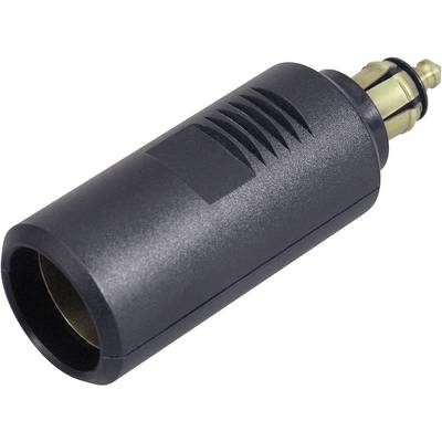 Czarny adapter do gniazda USB wykonany z tworzywa sztucznego, który pozwala na konwersję napięcia z 12-voltowego gniazda samochodowego na inny typ wtyczki.