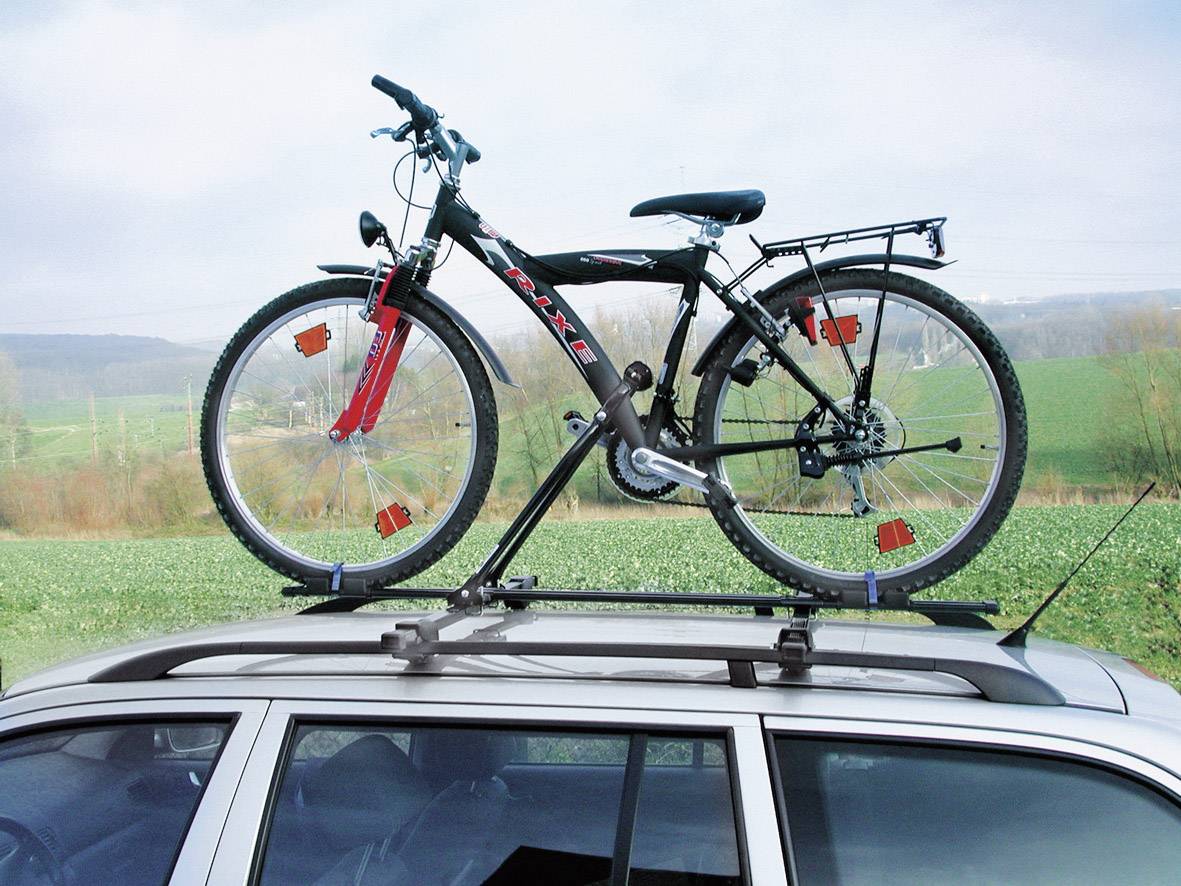 Rower na bagażniku dachowym samochodu, zaparkowany na polu z zieloną krajobrazem w tle.