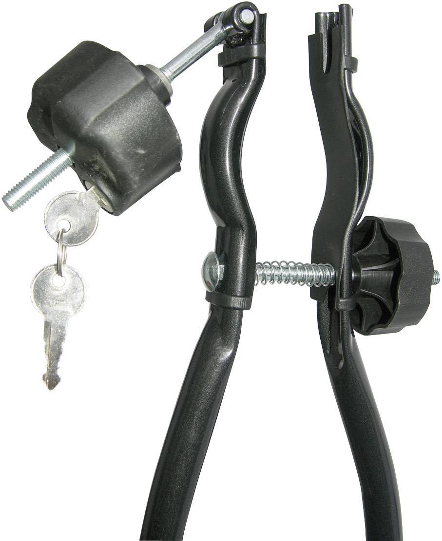 Uchwyt na rower z kluczykiem i zamkiem. Główne komponenty to dwa czarne uchwyty i srebrny zamek z dwoma kluczami.