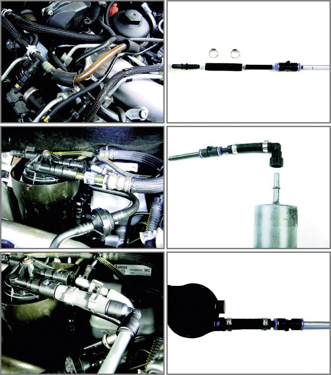 Instalacja systemu paliwowego w samochodzie: kroki prezentujące podłączenie i montaż różnych przewodów paliwowych i komponentów.