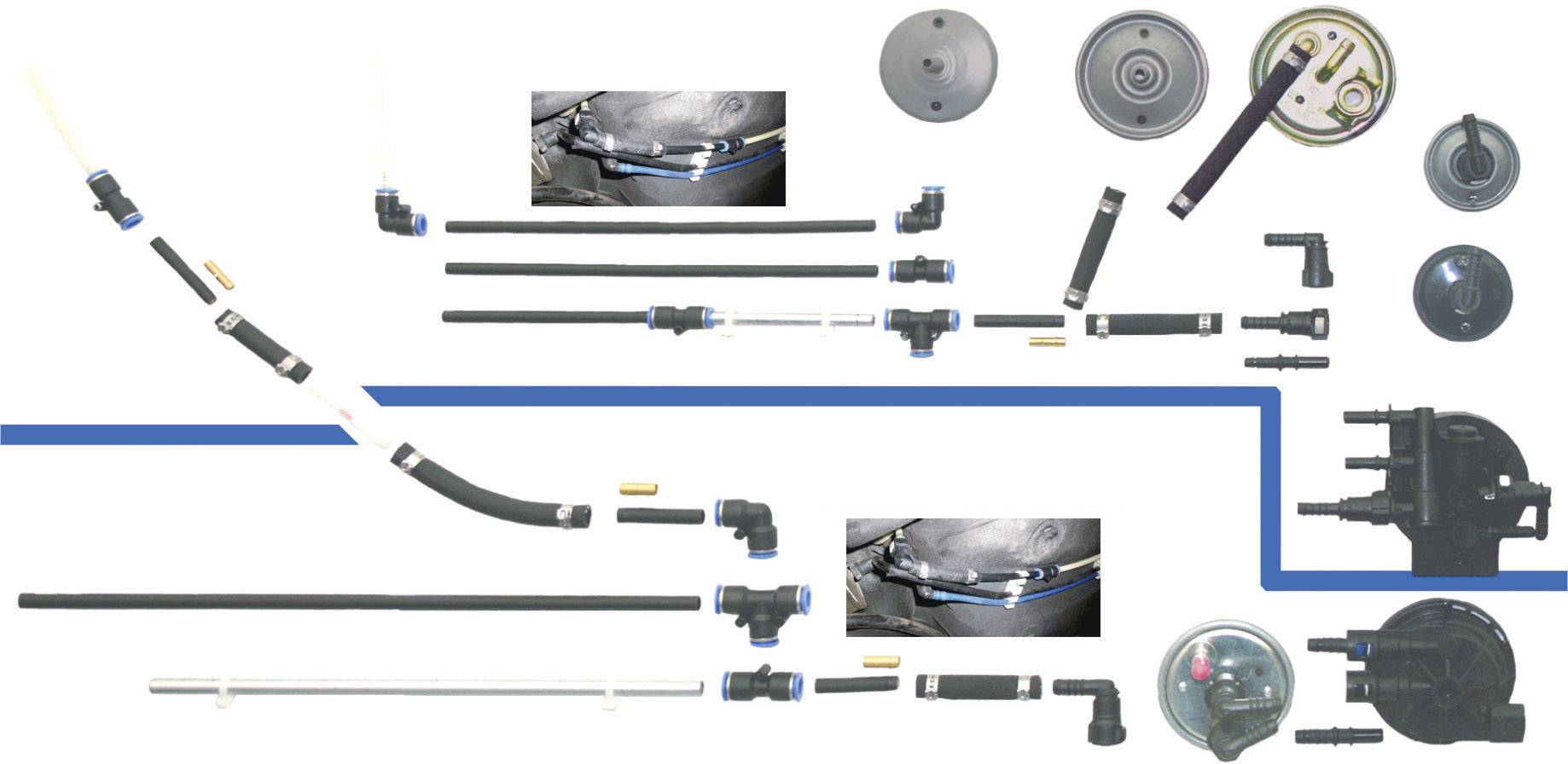 Ilustracja złożonego systemu rur i połączeń z różnymi komponentami i przyłączami. Główny nacisk położony na połączenia rurowe.