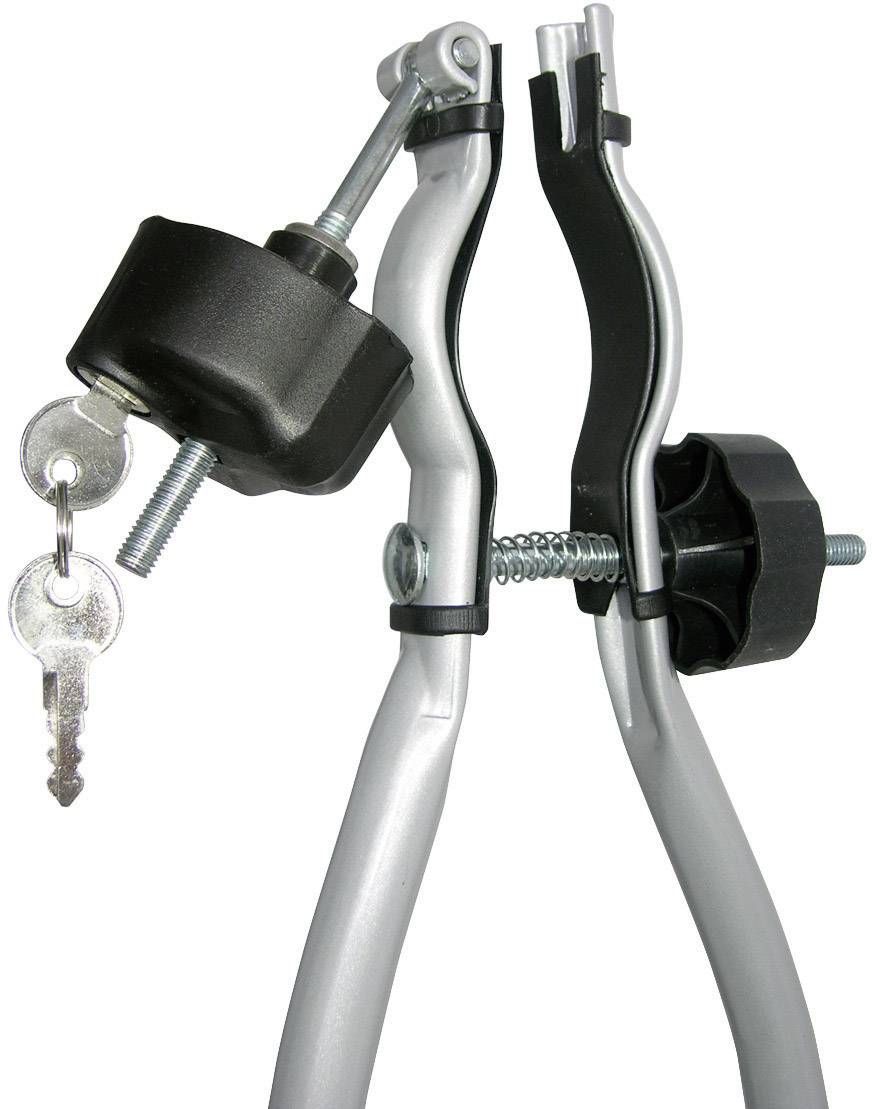 Zamek do bagażnika rowerowego oraz elementy mocujące z kluczem.