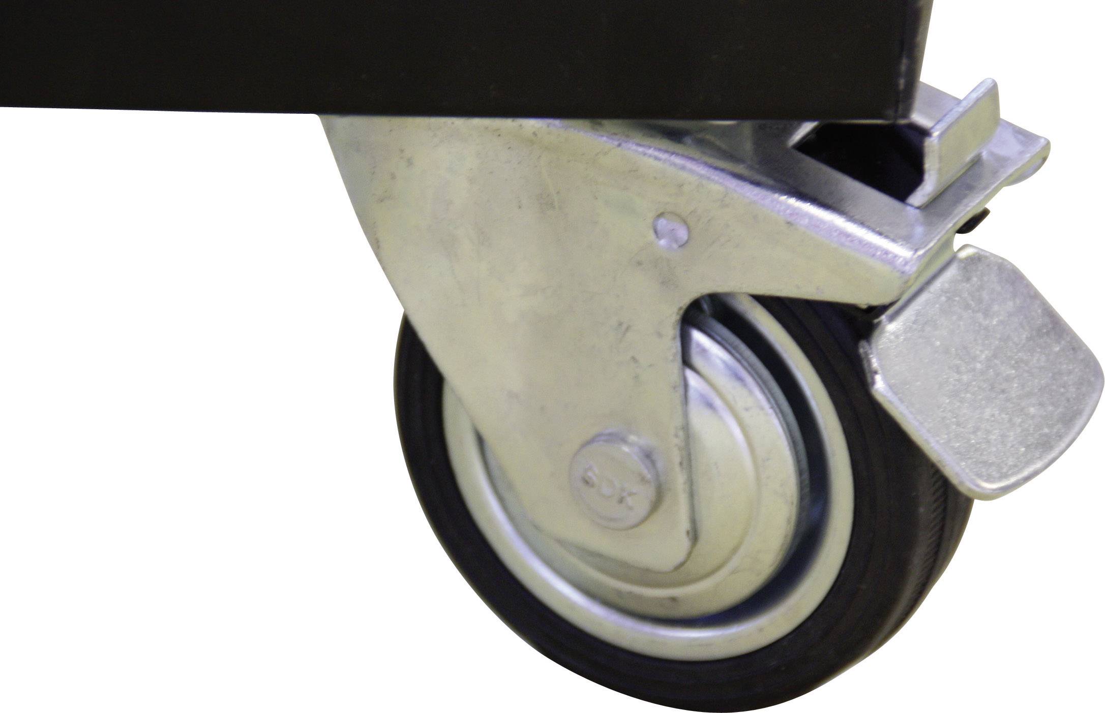 Metalowe koło obrotowe z hamulcem, zamontowane na meblu, prezentuje solidną konstrukcję zapewniającą łatwą mobilność i stabilność.