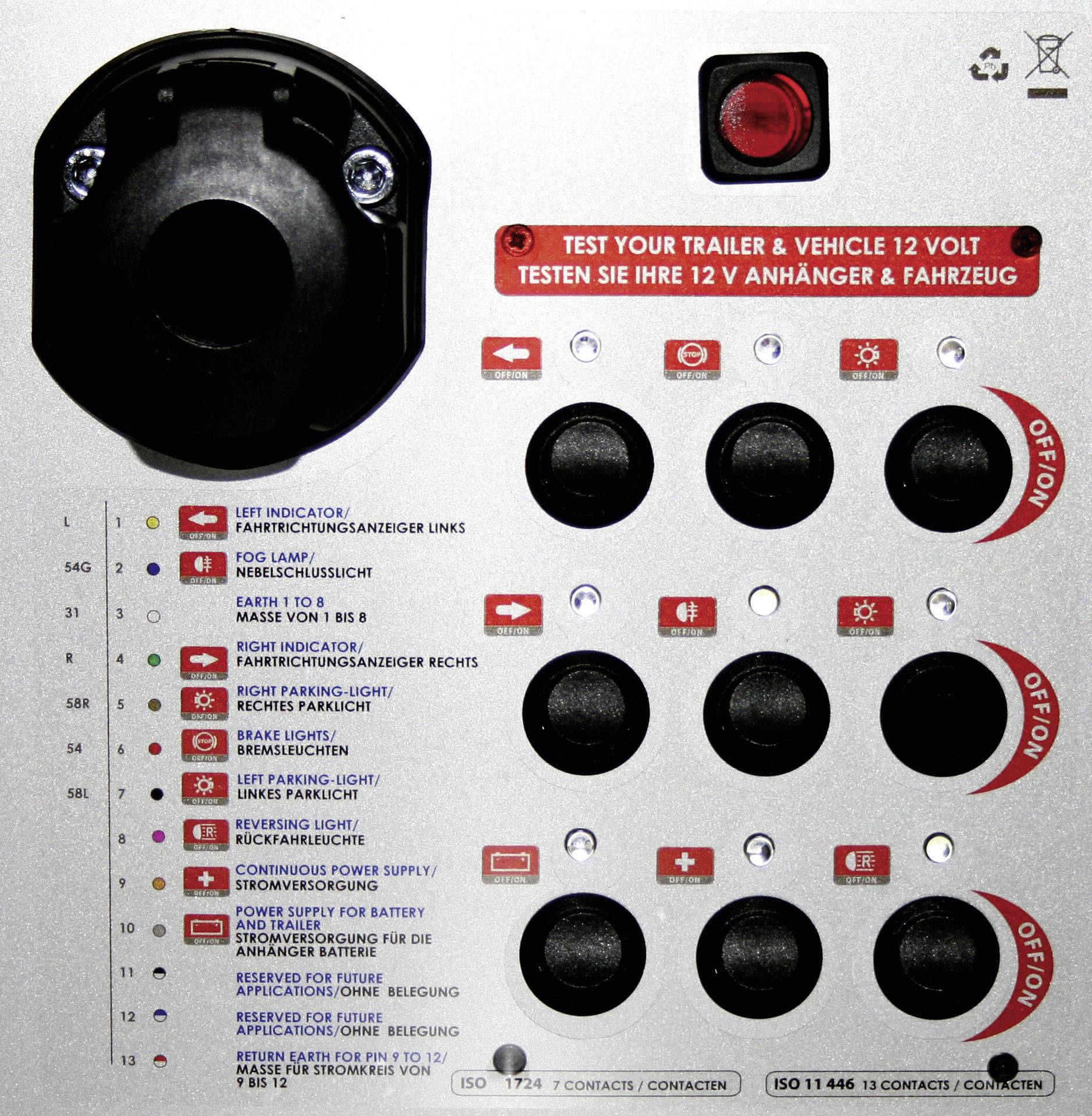 Urządzenie testowe do przyczep i pojazdów 12-voltowych z oznaczonymi przełącznikami i wskaźnikami do różnych testów świateł i sygnałów.