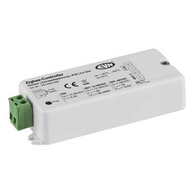 Biały kontroler Zigbee z nadrukowanymi specyfikacjami technicznymi. Po lewej stronie znajduje się zielony blok przyłączeniowy.