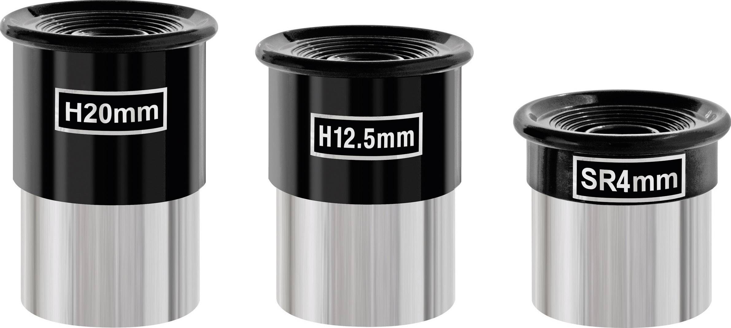 Trzy okulary z etykietami: 'H20mm', 'H12.5mm' i 'SR4mm', ułożone obok siebie, wykonane w kolorach czarnym i srebrnym.